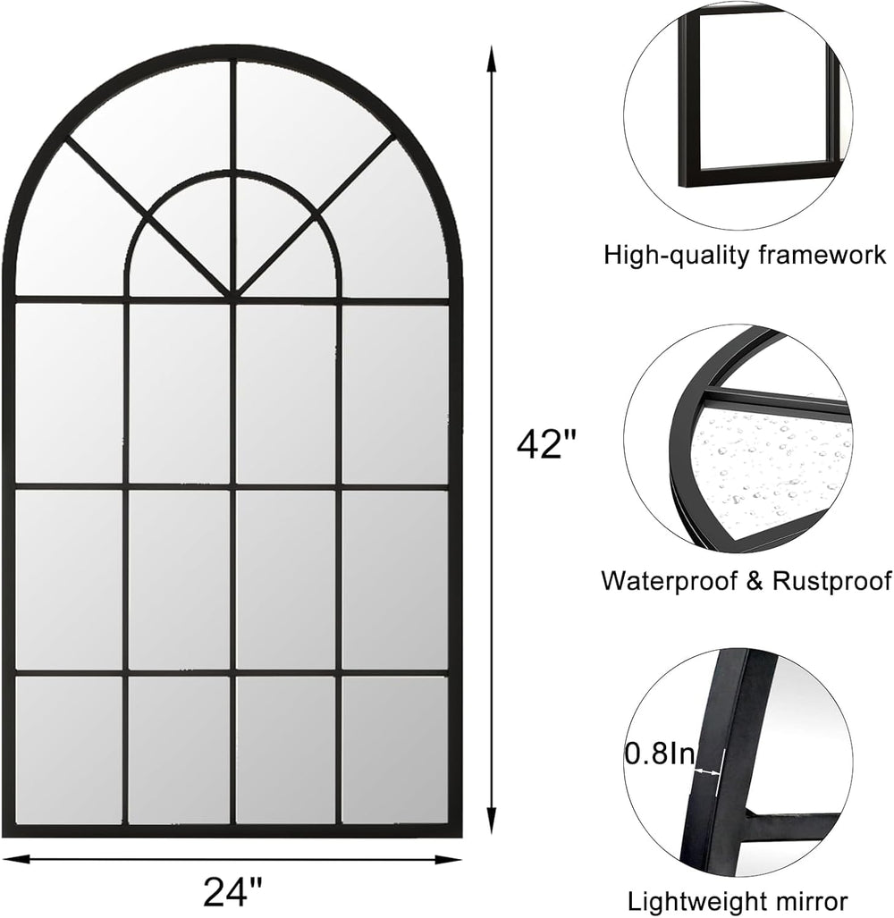 Dewfig Arched Wall Mirror, 42"x24" Metal Frame Windowpane Mirror, B...