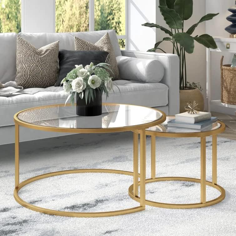 Round Nesting Coffee Table Gold Set of 2 for Living Room, Modern Side Tables ...