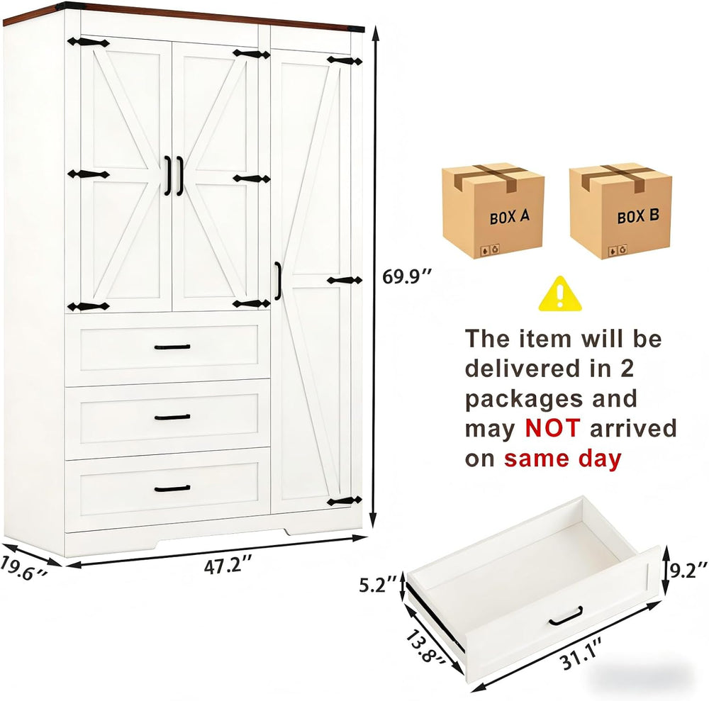 3 Door Armoire Wardrobe Closet Cabinet with 3 Drawers and Drawers, Farmhouse ...