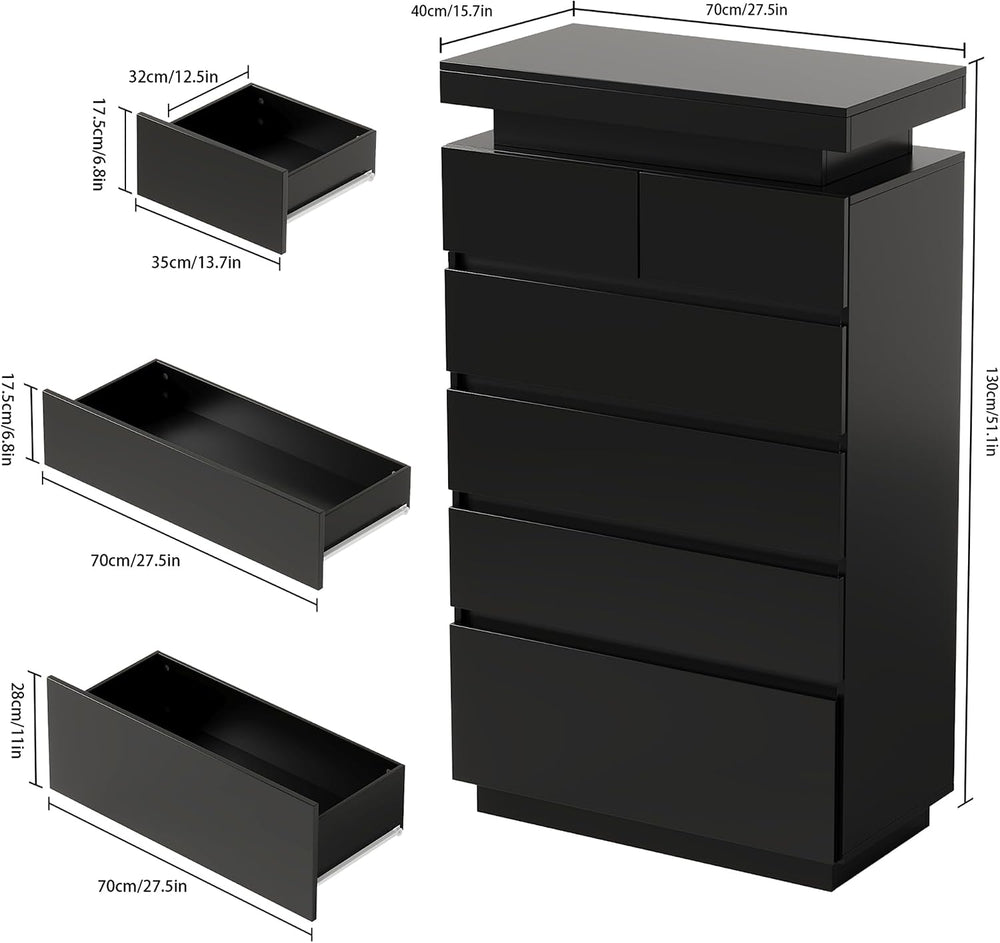 51" Tall Gloss 6 Drawer Dresser with Adjustable LED Light, Black