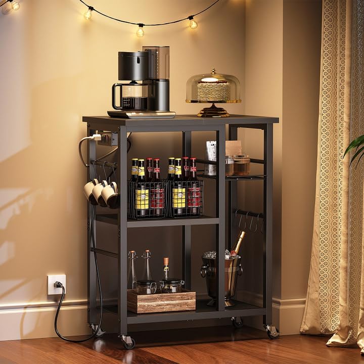 YATINEY Movable Bakers Rack, Microwave Stand with Charging Station, Kitchen S...