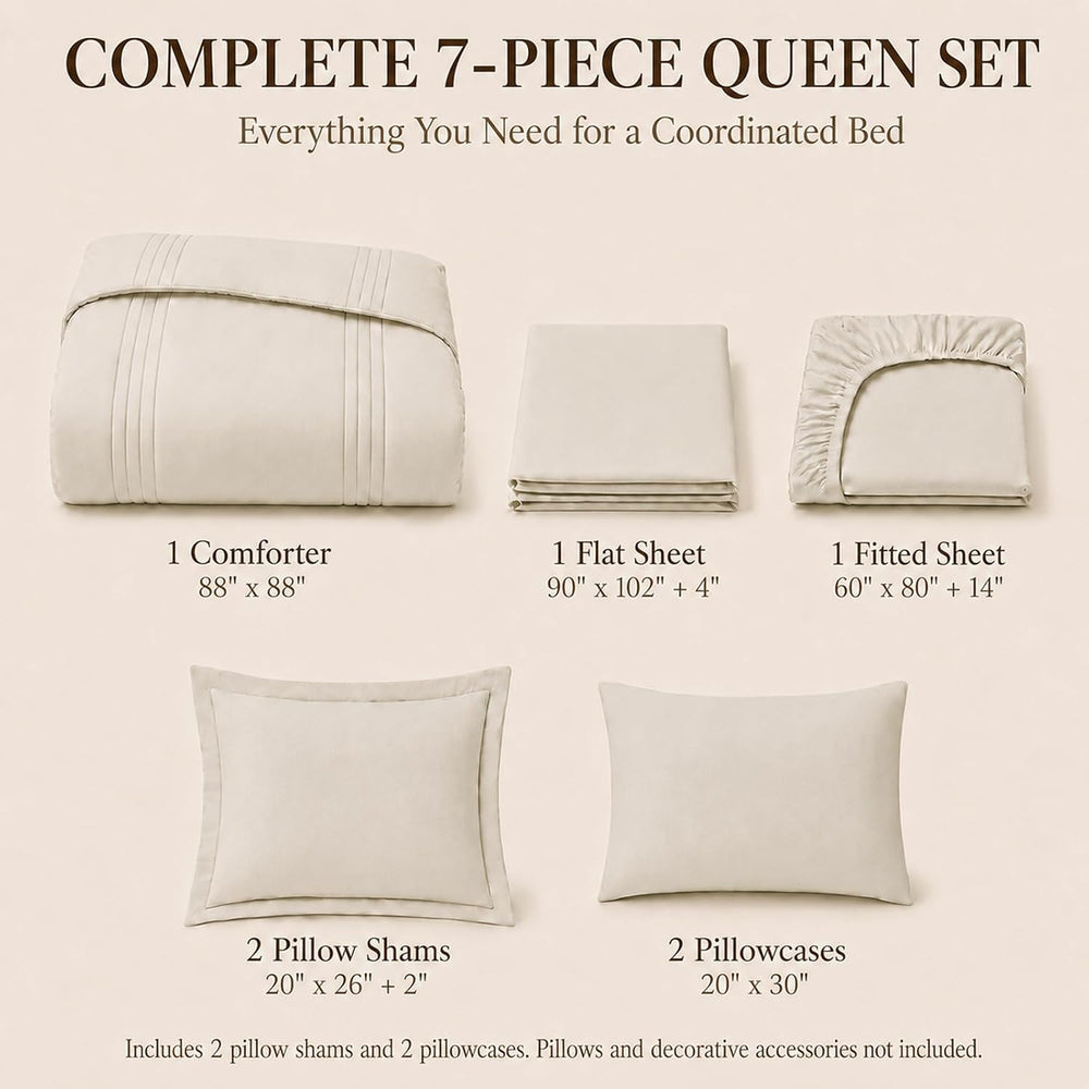 CozyLux Queen Comforter Set Beige - 7 Pieces Vertical Quilted Bed in a Bag