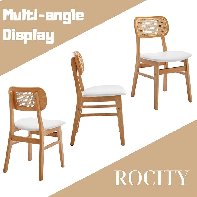 Rattan Dining Chairs Set of 4 White Faux Leather Dining Room Chairs Natural W...