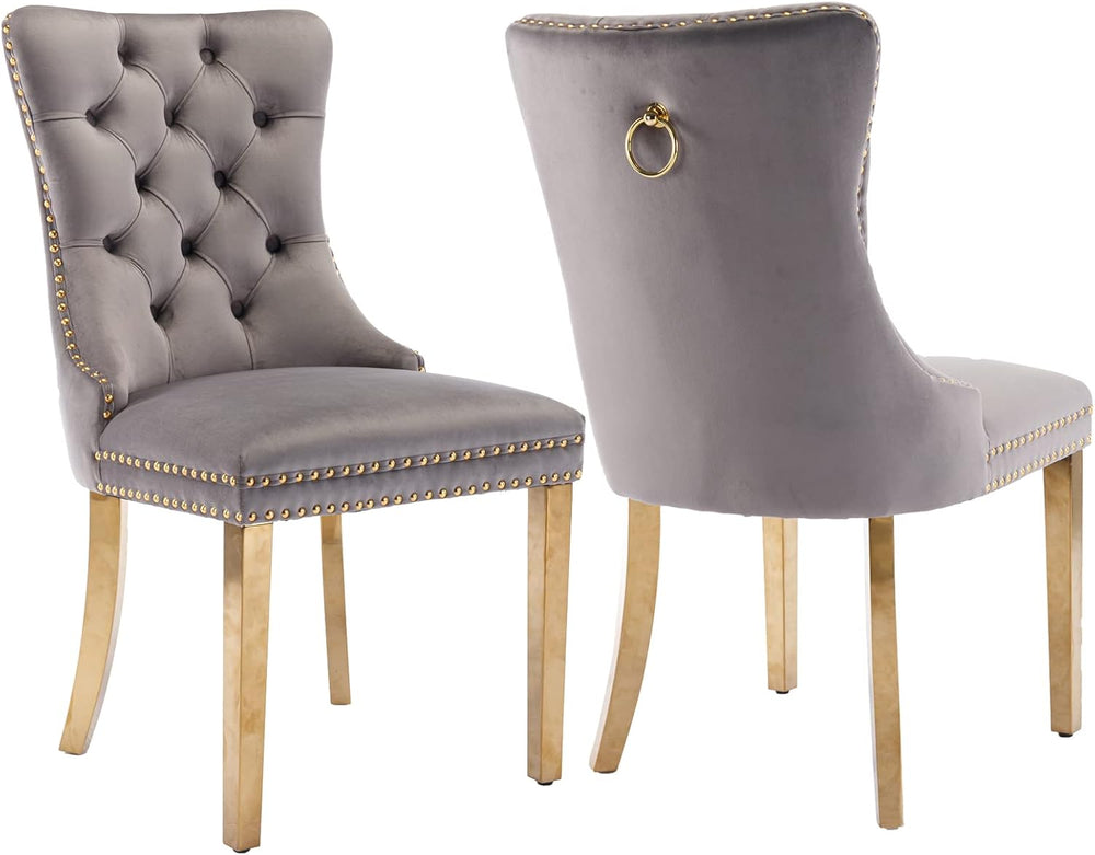 Grey Velvet Dining Chairs Set of 2, Upholstered Dining Room Chairs with Back ...