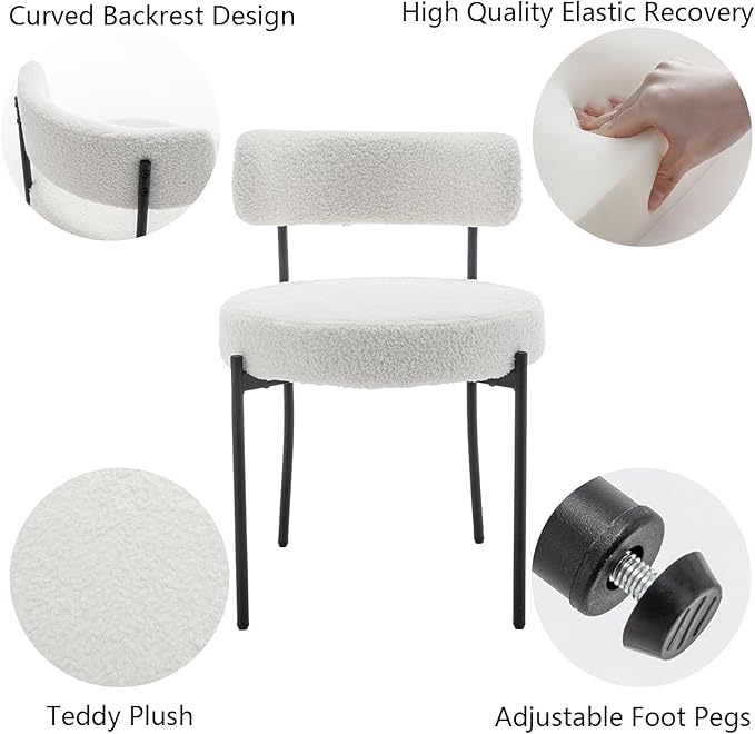 White Boucle Dining Chairs Set of 6, Upholstered Dining Room Chairs with Blac...