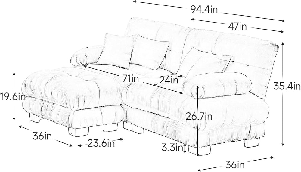 95 inch Modular Sectional Cloud Sofa Couch with Movable Ottoman for Living Ro...