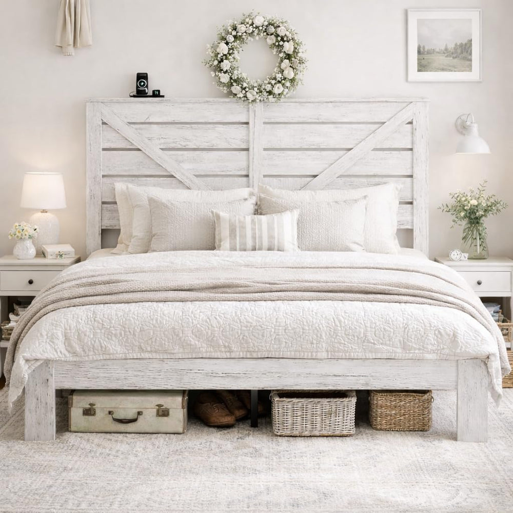 Queen Farmhouse Bed Frame with Headboard, LED Lights, USB Charging