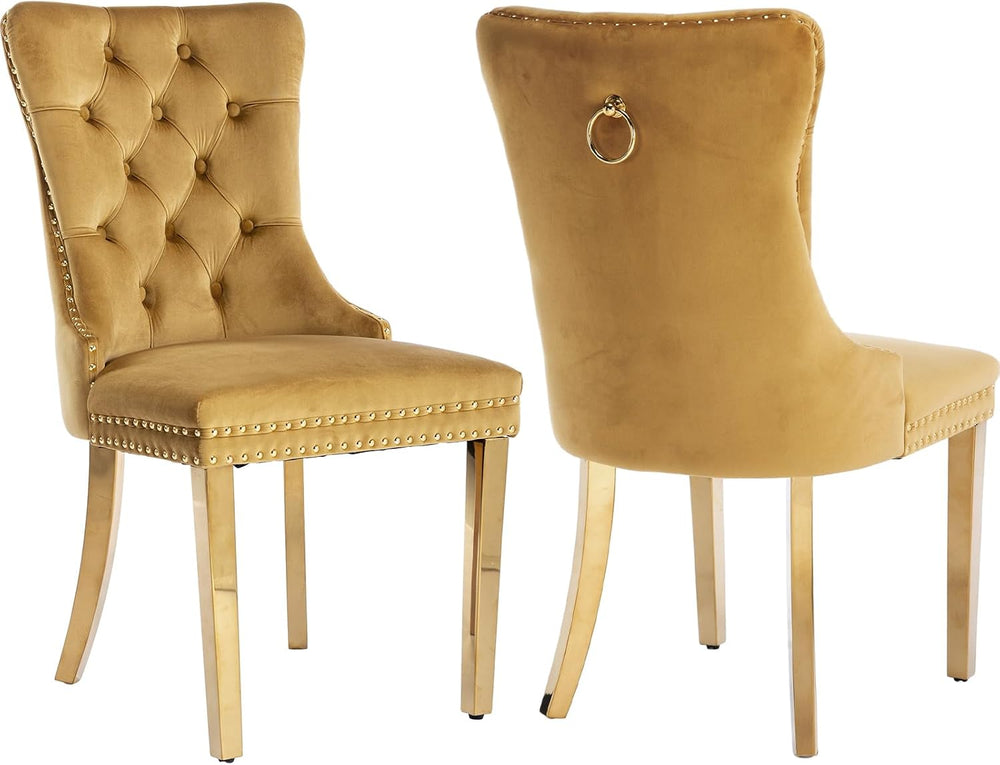 Luxury Upholstered Dining Chairs Set of 2, Yellow Kitchen Chair with Golden M...