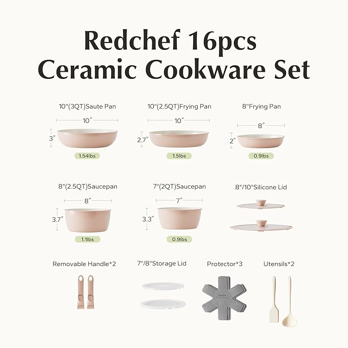 Redchef 16pcs Ceramic Pots and Pans Set Non Stick, Nonstick Kitchen Cookware Set