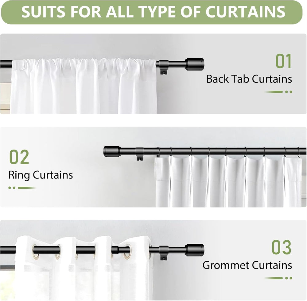 Curtain Rods 30-90 Inch, Adjustable Black Curtain Rods for Windows 4 Pack