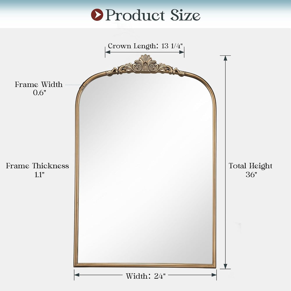 24" x 36" Antique Gold Arched Mirror for Wall, Baroque Vintage Bras...
