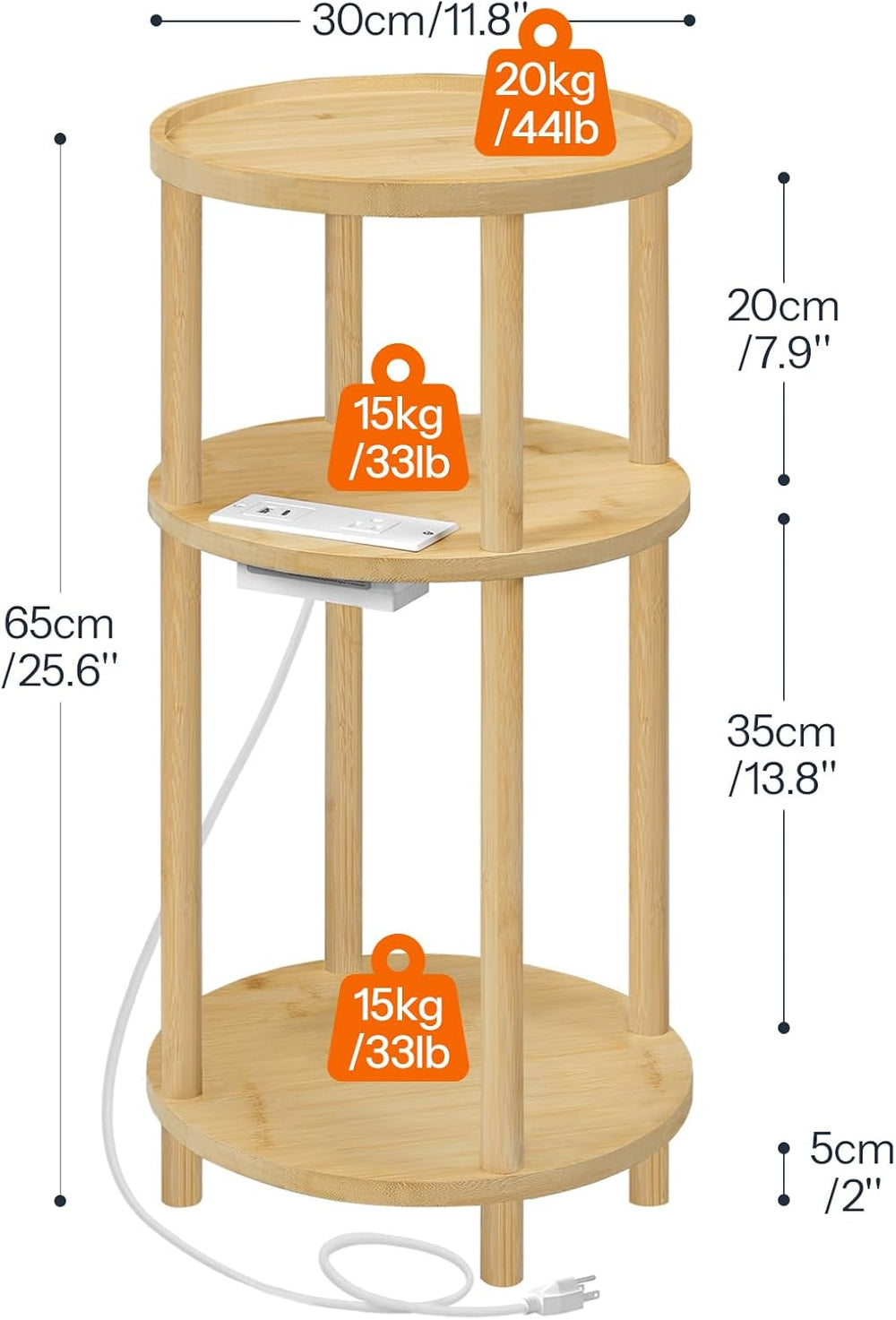 HOOBRO Small Round Side Table with Charging Station, 3-Tier Round Bamboo End ...