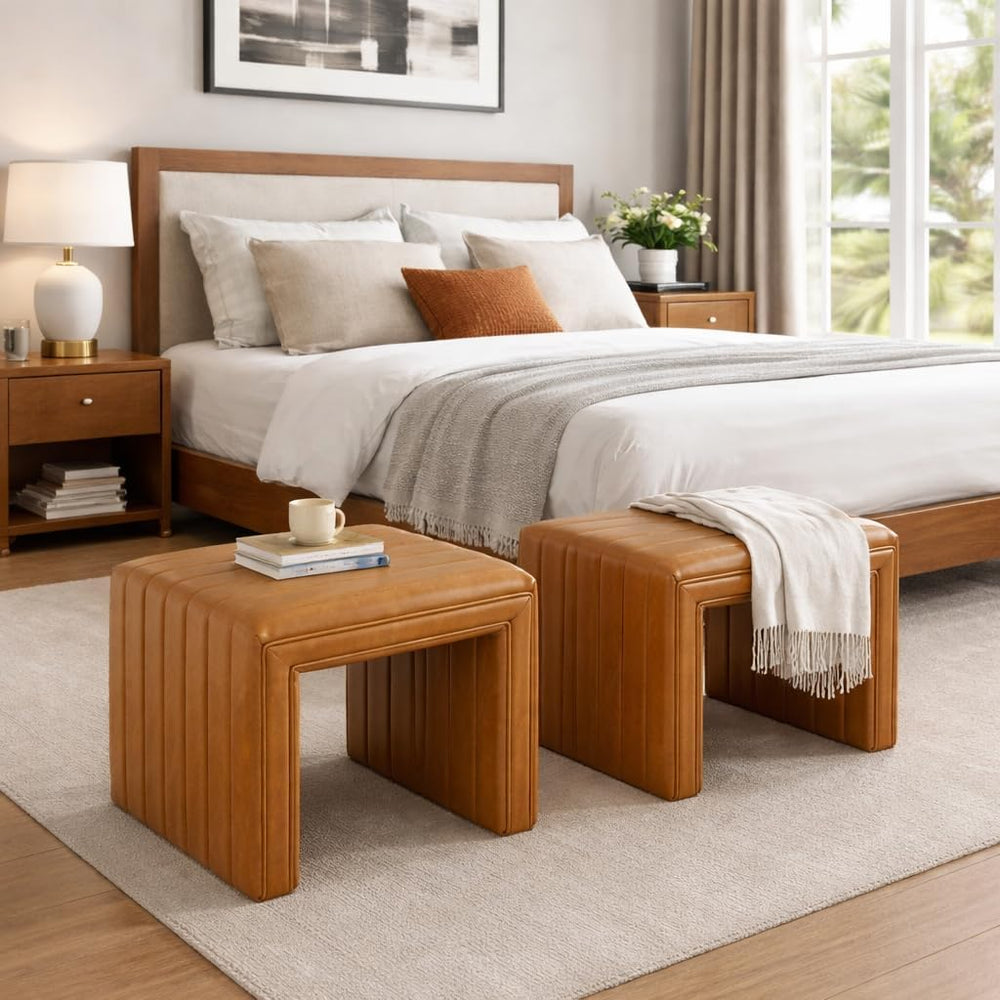 HomePop 19" Modern Channel Tufted Ottoman - Carmel Brown Faux Leather