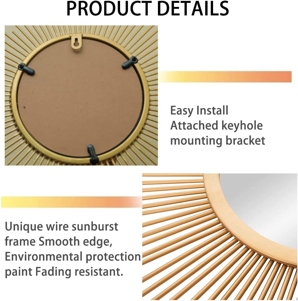 24'' Gold Sunburst Wall Mirror Boho Home Decor Mordern Round Hanging ...