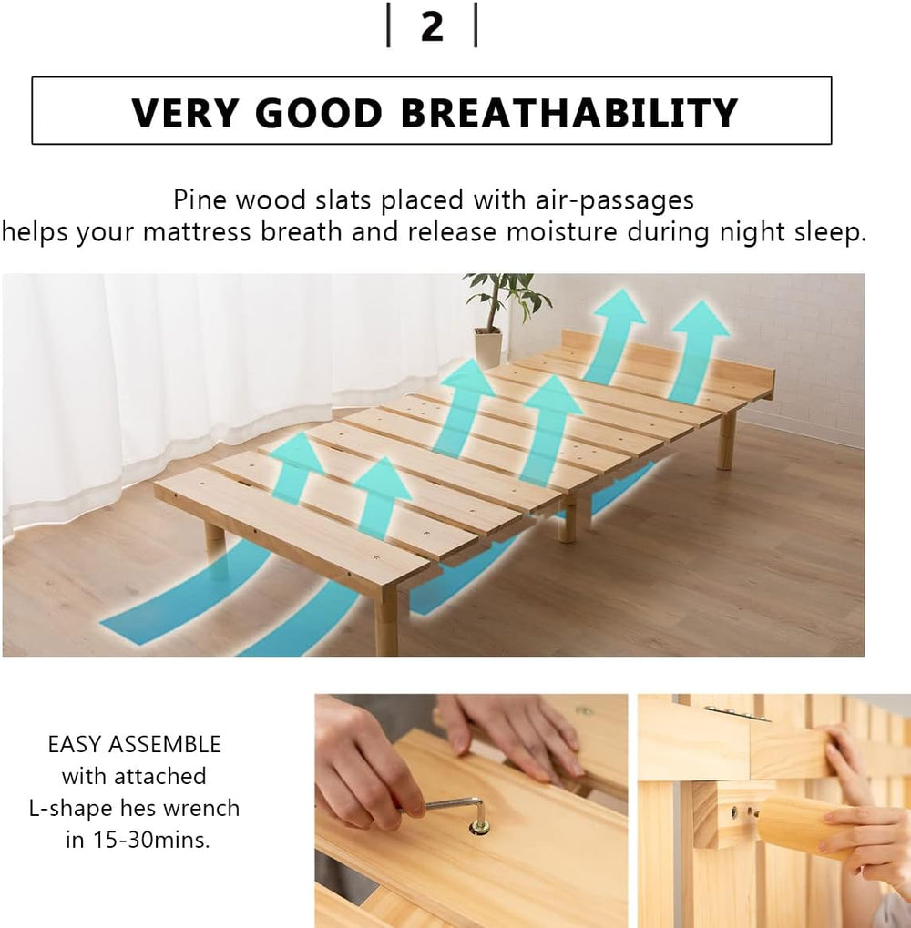 EMOOR Wood Slatted Floor Bed Frame OSMOS Full for Japanese Futon Mattress Sol...