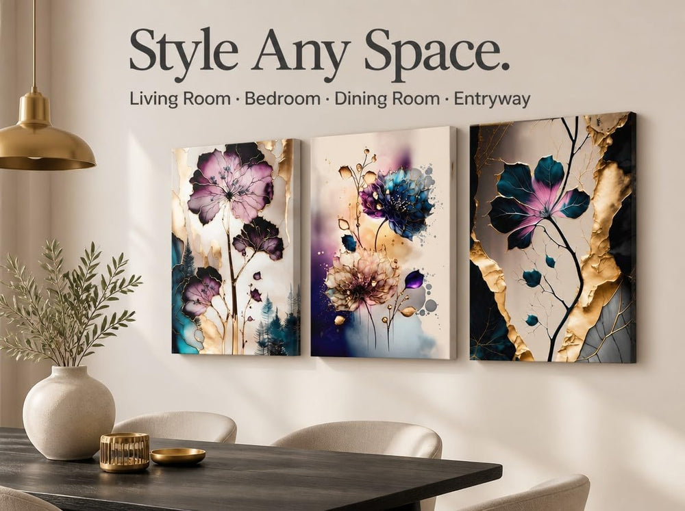 BVVEYKXX Abstract Floral Canvas Wall Art, Purple Gold Fluid Flower Prints
