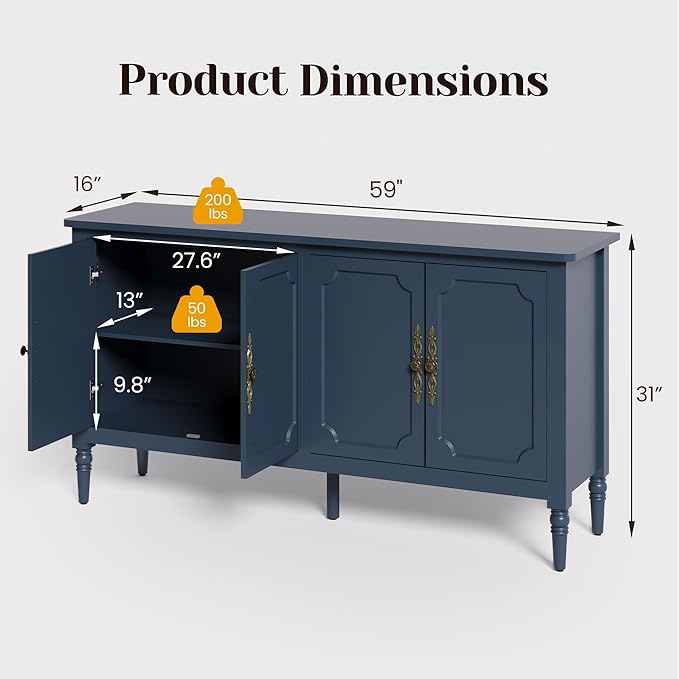 RoyalCraft Buffet Sideboard Table 2 pcs, 59'' Mid Century Modern Cons...