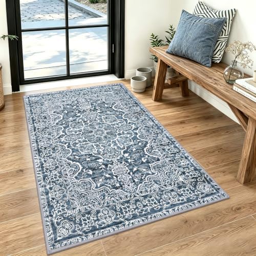 KUTA 3x5 Entryway Rug Washable Area Rugs Vintage Kitchen Rugs Blue White