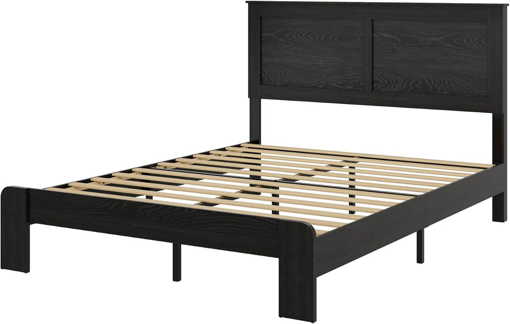 Wooden Bed Frame Full Size with Headboard, Farmhouse Platform Bed