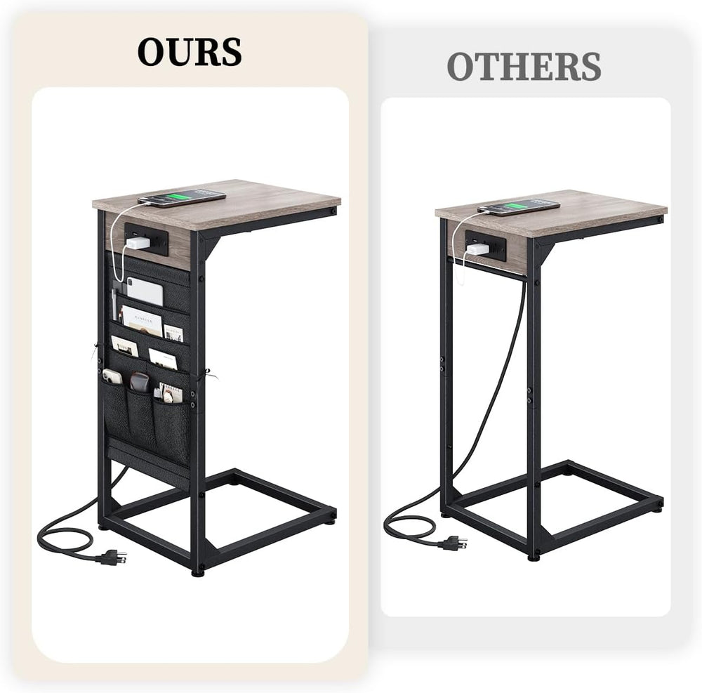 C-Shaped End Table with Fast-Charging Station, Small Couch Side Table with St...