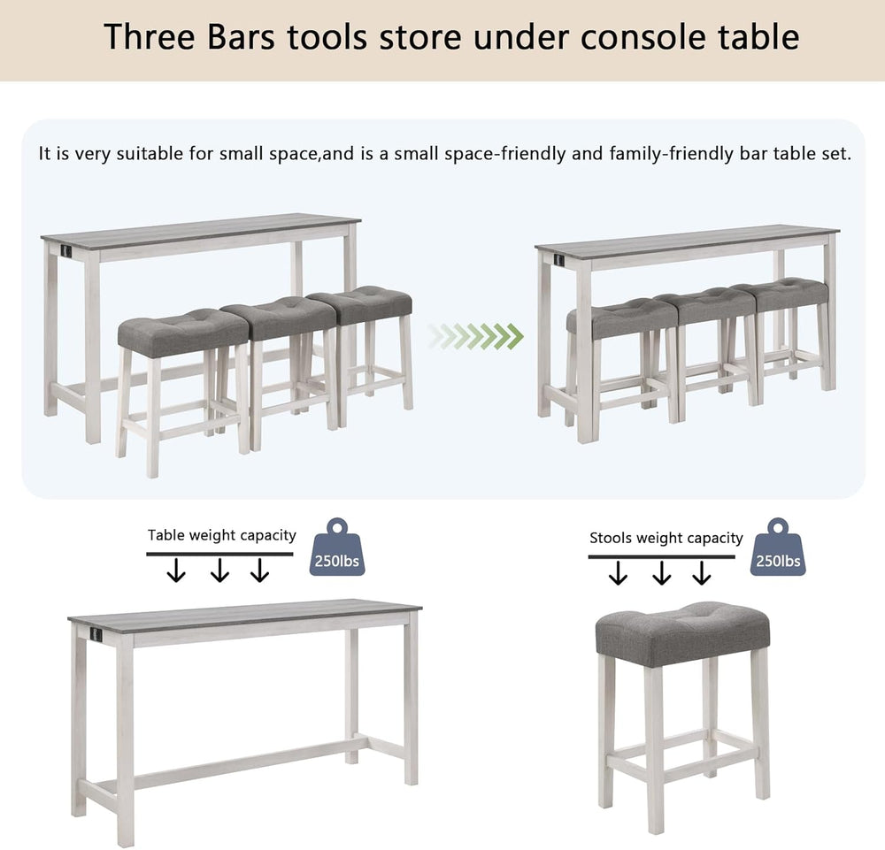 KEIKI 4-Piece Bar Table Set with Charging Ports, 59" Industrial Kitchen ...