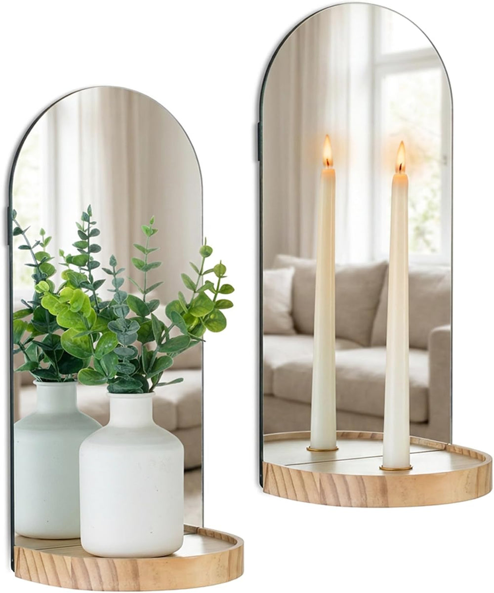 Arch Mirror Wall Candle Holder Set of 2 with Natural Wood Shelf
