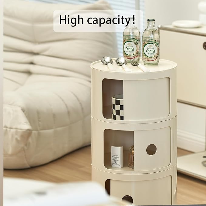 Round Nightstand with 3 Drawers, Modern Style Side Table, Multifunctional End...