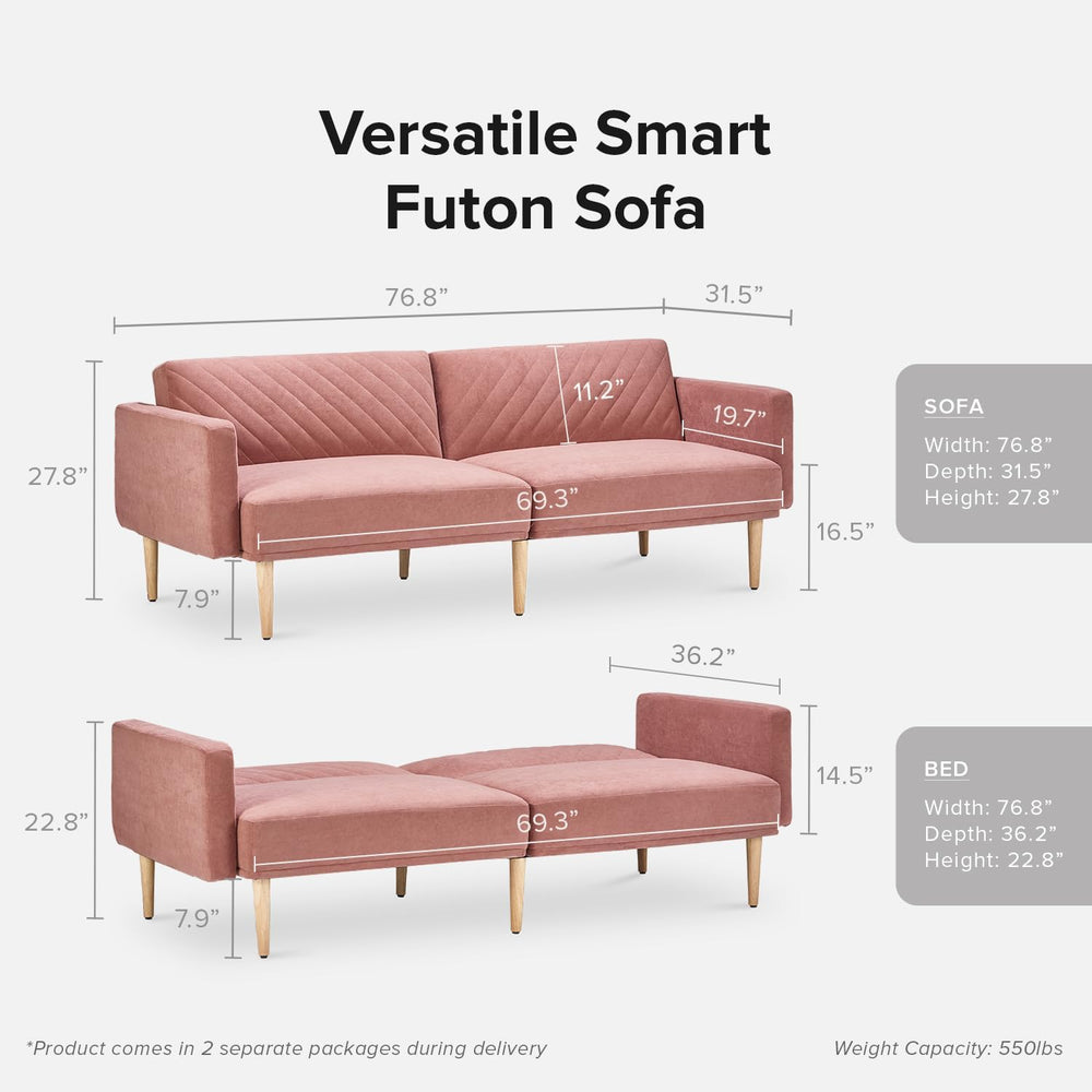 mopio 76.4" Futon (Old Rosa Velvet, Chevron Styled)