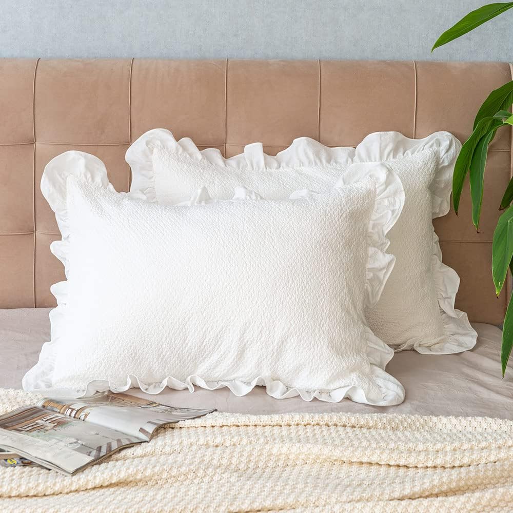 Pillow Shams Set of 2 Pure Cotton Champray Ruffled Edge,Thick and Solid Washe...
