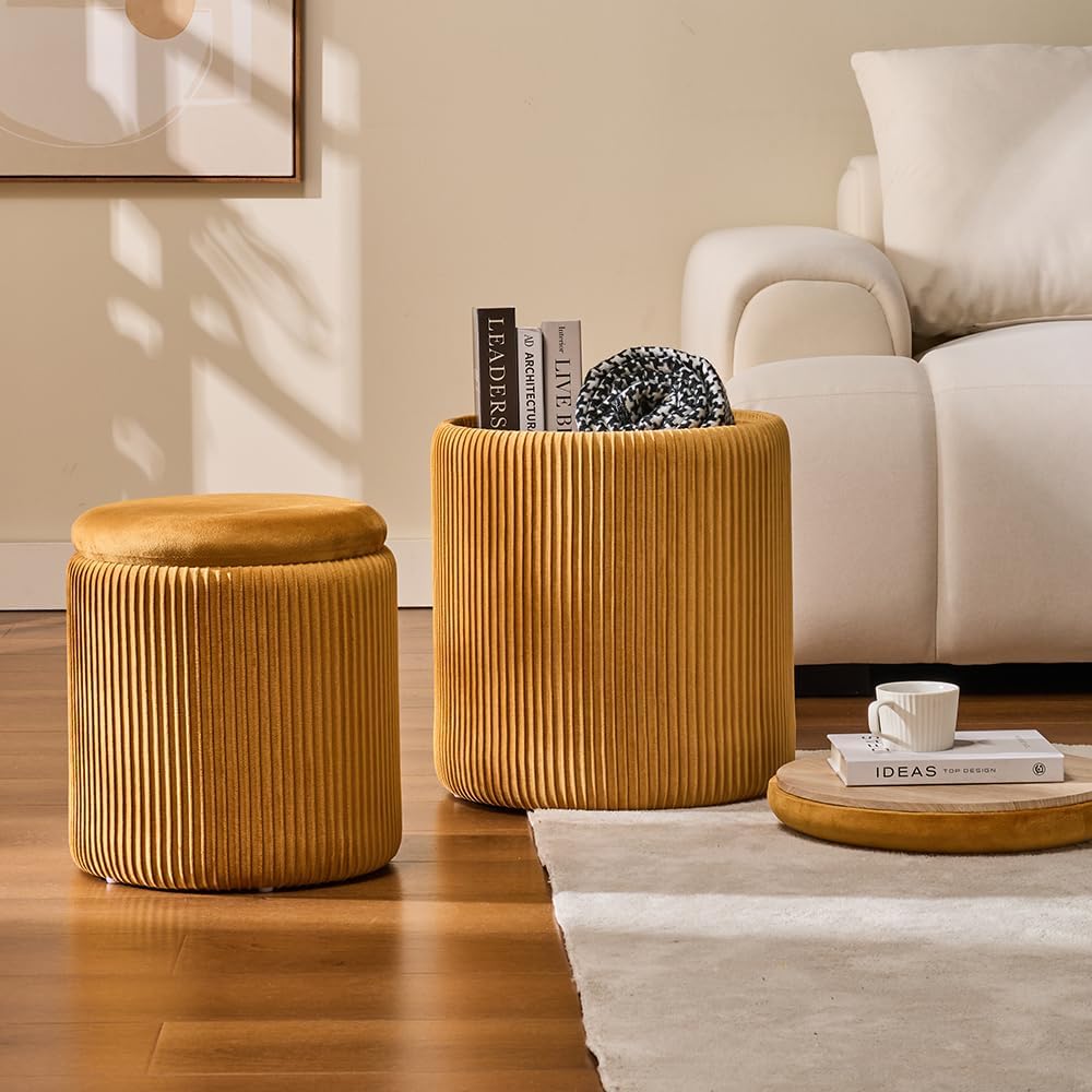 BLEXA Set of 2 Round Storage Ottoman, Yellow Velvet Ottoman with Storage