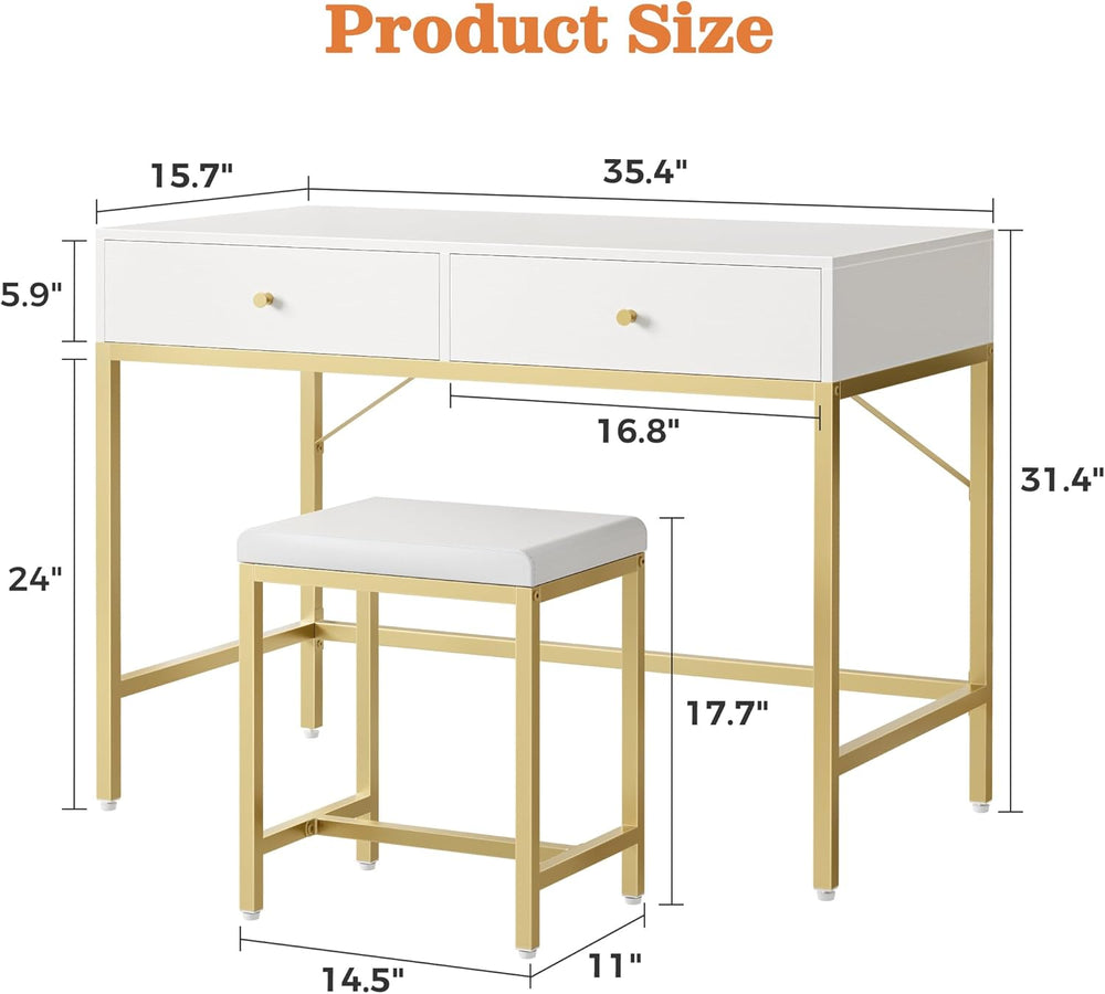 SUPERJARE 35.4" White and Gold Desk with 2 Drawers, Modern Makeup Vanity...
