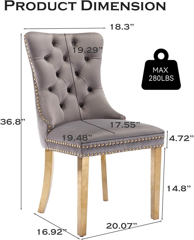 Velvet Upholstered Dining Chairs Set of 2, Modern Style Kitchen Side Chairs w...