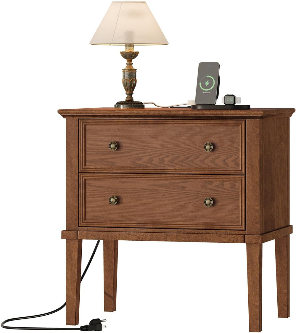 IKENO Solid Wood Nightstand with Charging Station, Farmhouse End Table with 2...