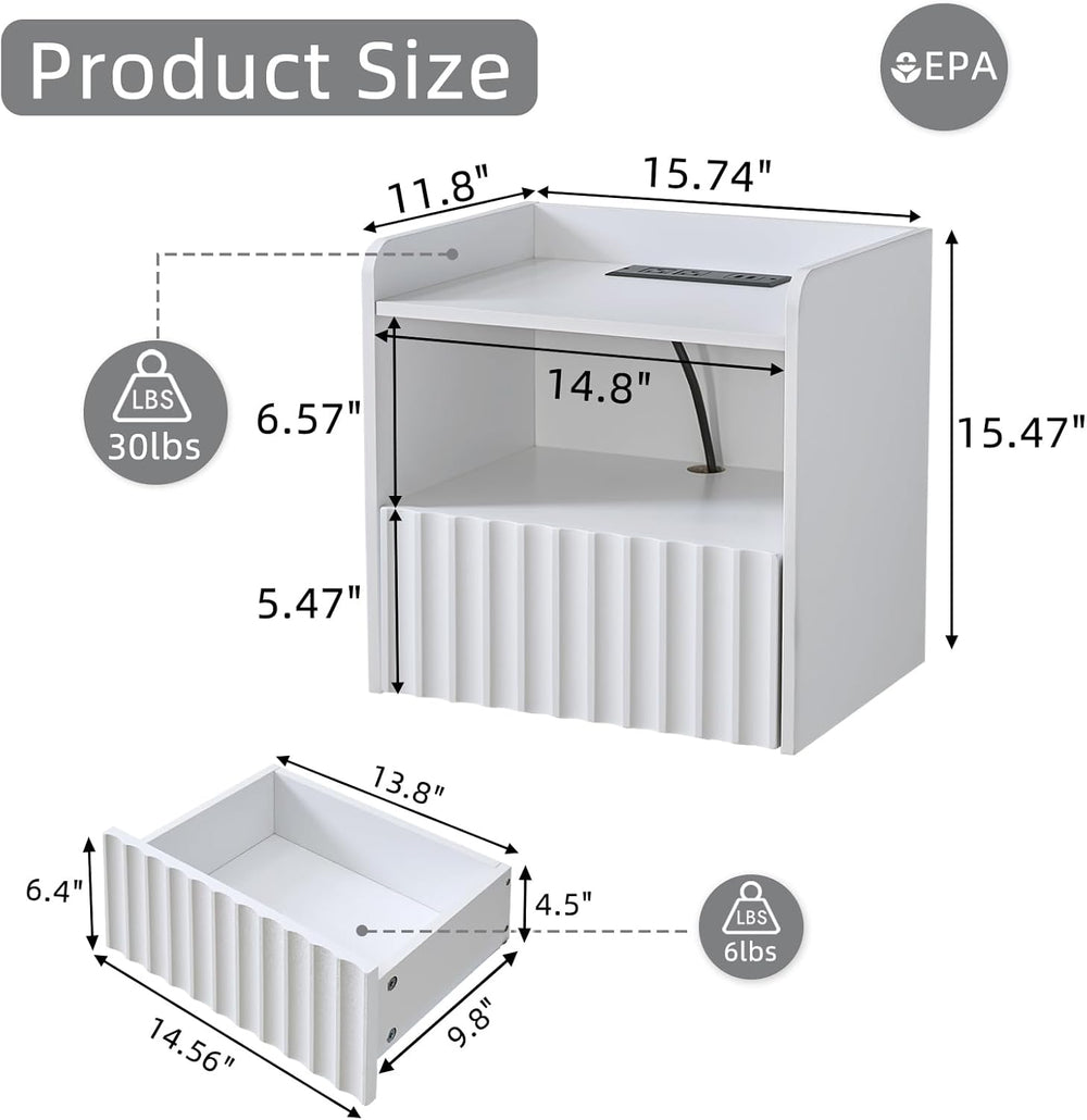 Modern Fluted Floating Nightstand Wall Mounted Set of 2- Bedside Table with S...