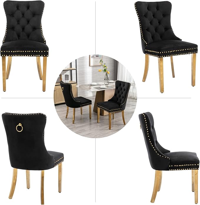 Black Dining Chairs Set of 2, Velvet Upholstered Dining Room Chairs with Back...