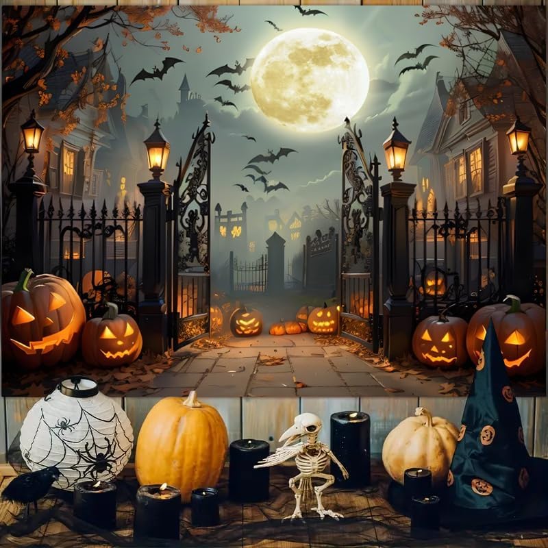 12x8ft Halloween Backdrop Scary Full Moon Night Pumpkin Ghost Castle Hallowee...