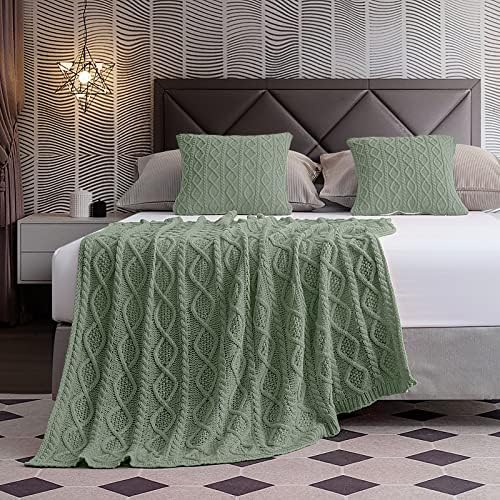 Homiest Sage Green Cable Knit Throw Blanket Set of 3, with 2 Pillow Covers