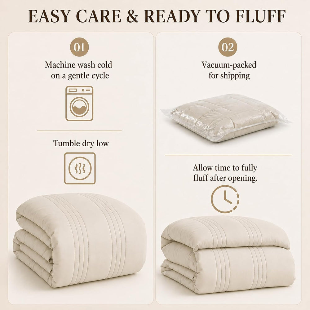 CozyLux Queen Comforter Set Beige - 7 Pieces Vertical Quilted Bed in a Bag