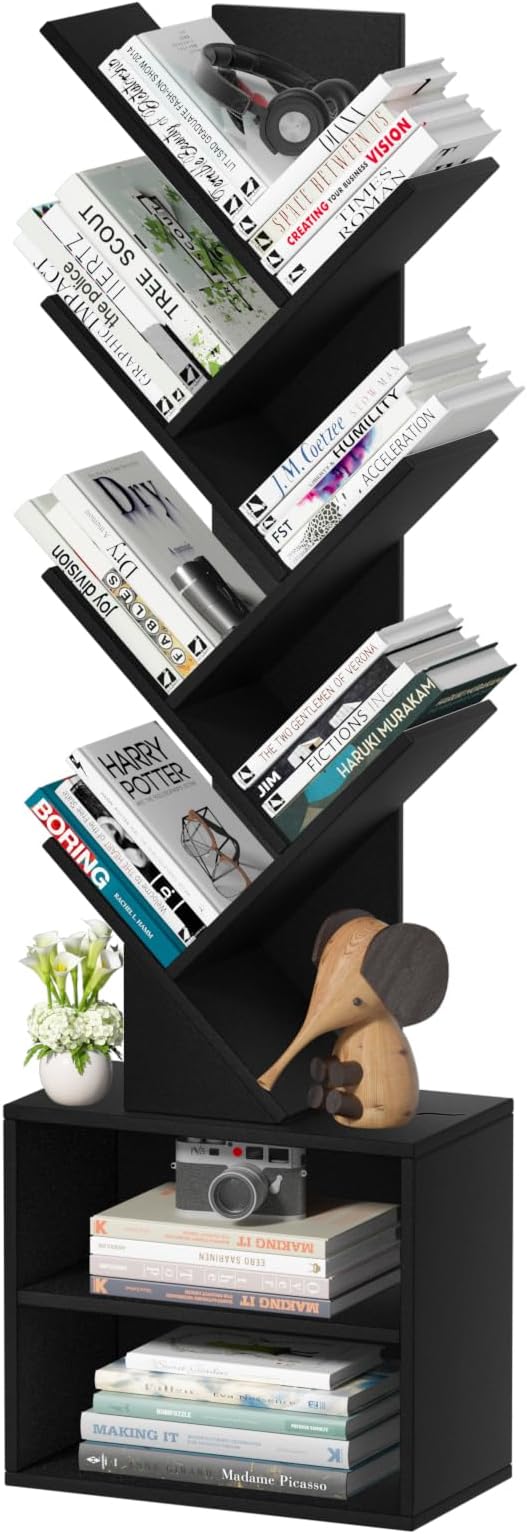 10 Tier Tree Bookshelf,Floor Standing Wood Tall Bookcase for Narrow Space, St...