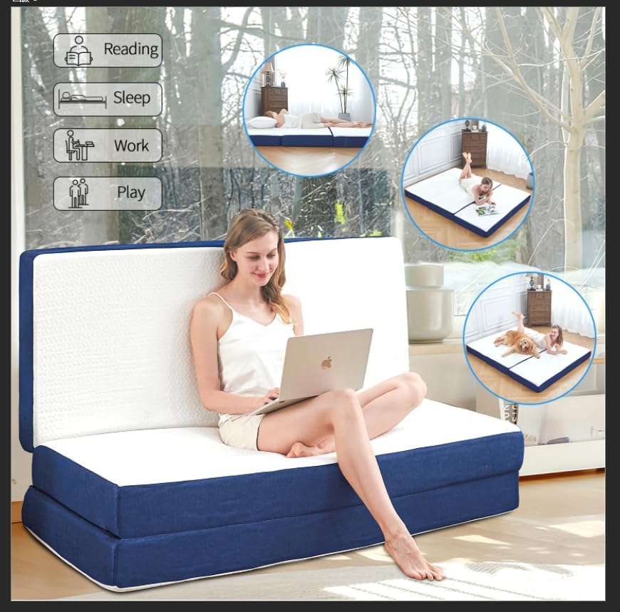 Foldable Mattress Queen Size, 6" Trifold Mattress Futon Murphy Bed,White