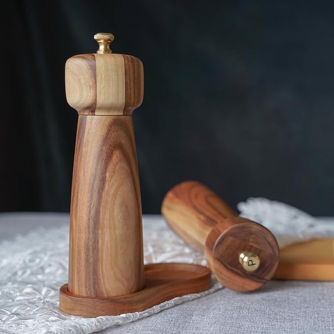 Salt and Pepper Mill Set with Tray, Adjustable Ceramic Grinder Salt Mill
