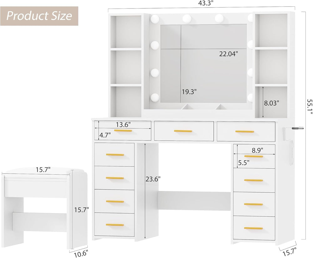 ANWBROAD 11 Drawers Makeup Vanity Desk with Mirror and Lights,Stool | White V...