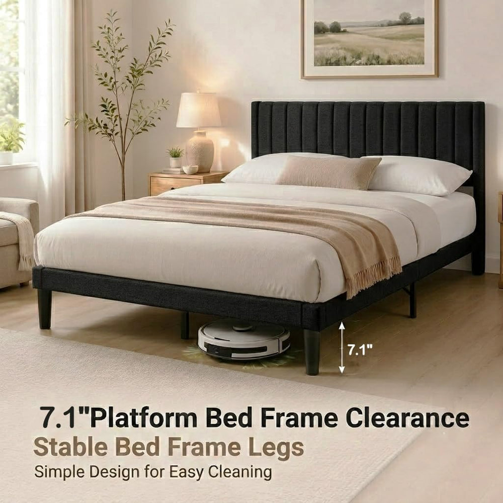 Full Modern Upholstered Platform Bed Frame with Headboard, Black