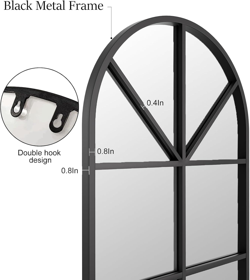 Floor Full Length Mirror, Arch Top Window Pane Mirror, 56"x22" Black