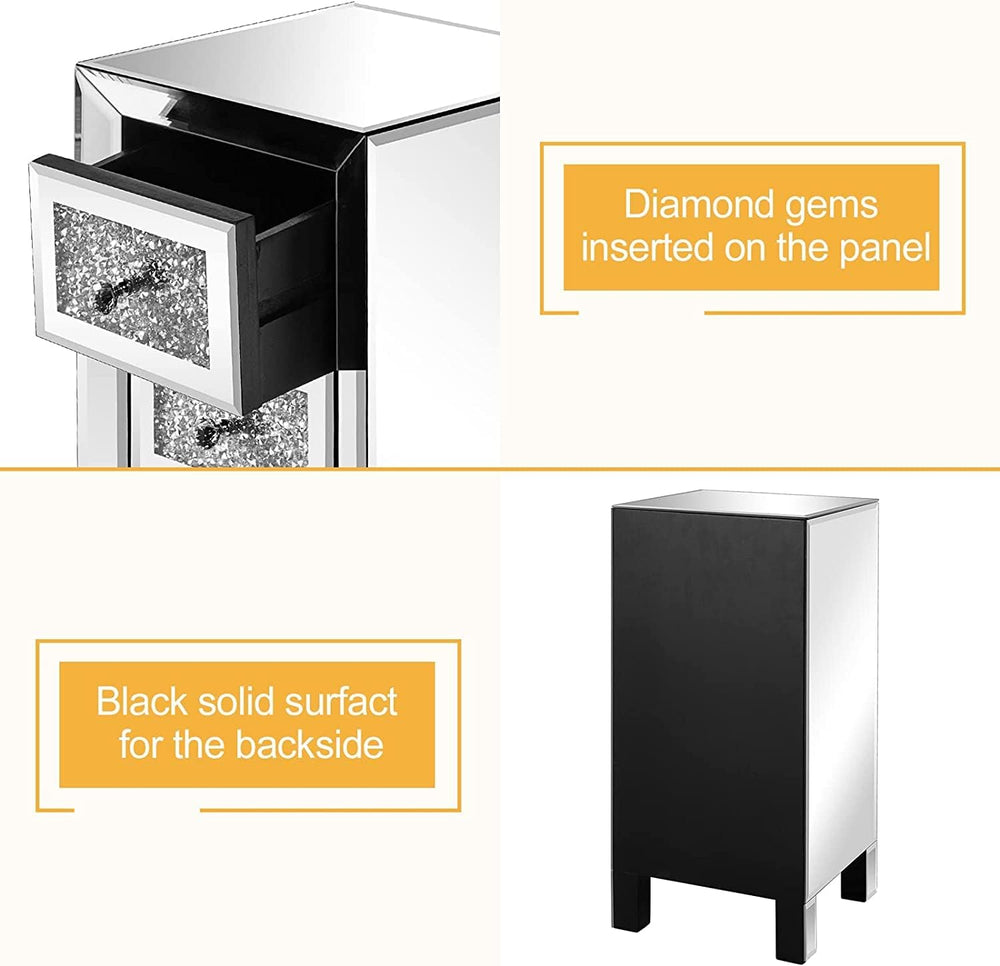 VINGLI 3-Drawer Mirrored Nightstand Bedside Table Modern Night Stands Set of ...
