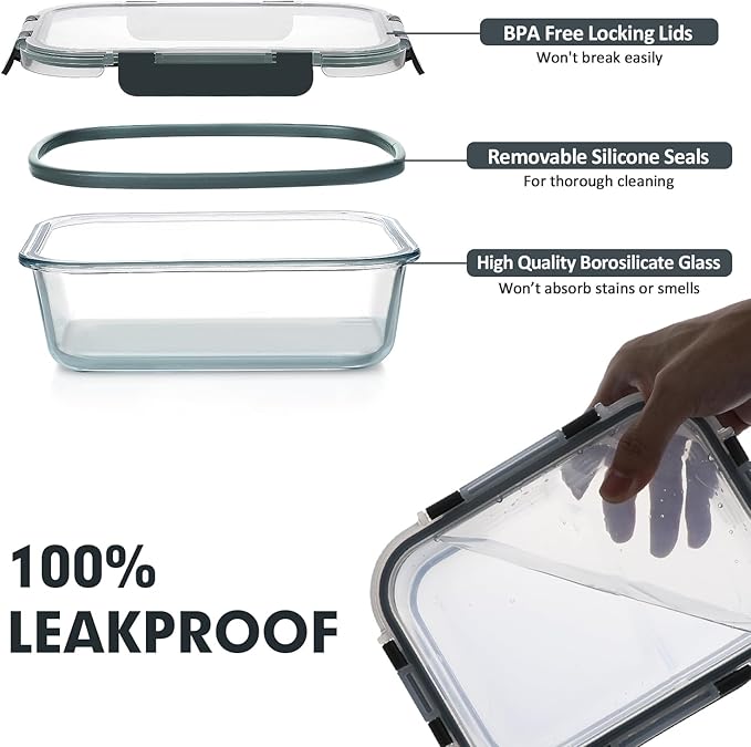 VERONES 30 Pieces Glass Meal Prep Containers Set, Stackable Glass Food Storage