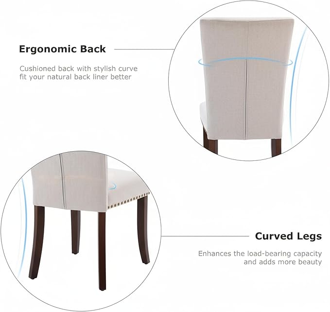 Set of 6 Beige Upholstered Dining Chairs – Farmhouse Kitchen Chairs with High...