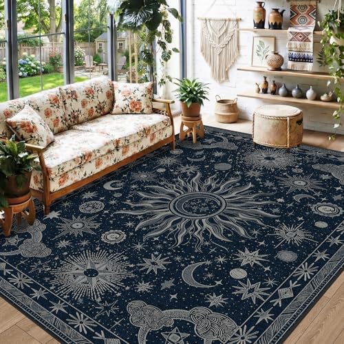 Vacuum-Friendly, 5x7 Washable Area Rug, Blue Gray White