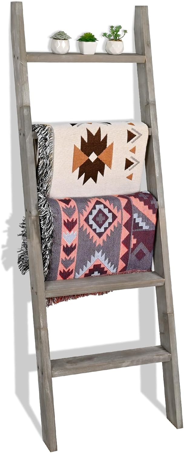 Blanket Ladder, 5ft Rectangle Rung Rustic Solid Wood Decor Rack, Grey | 5 run...