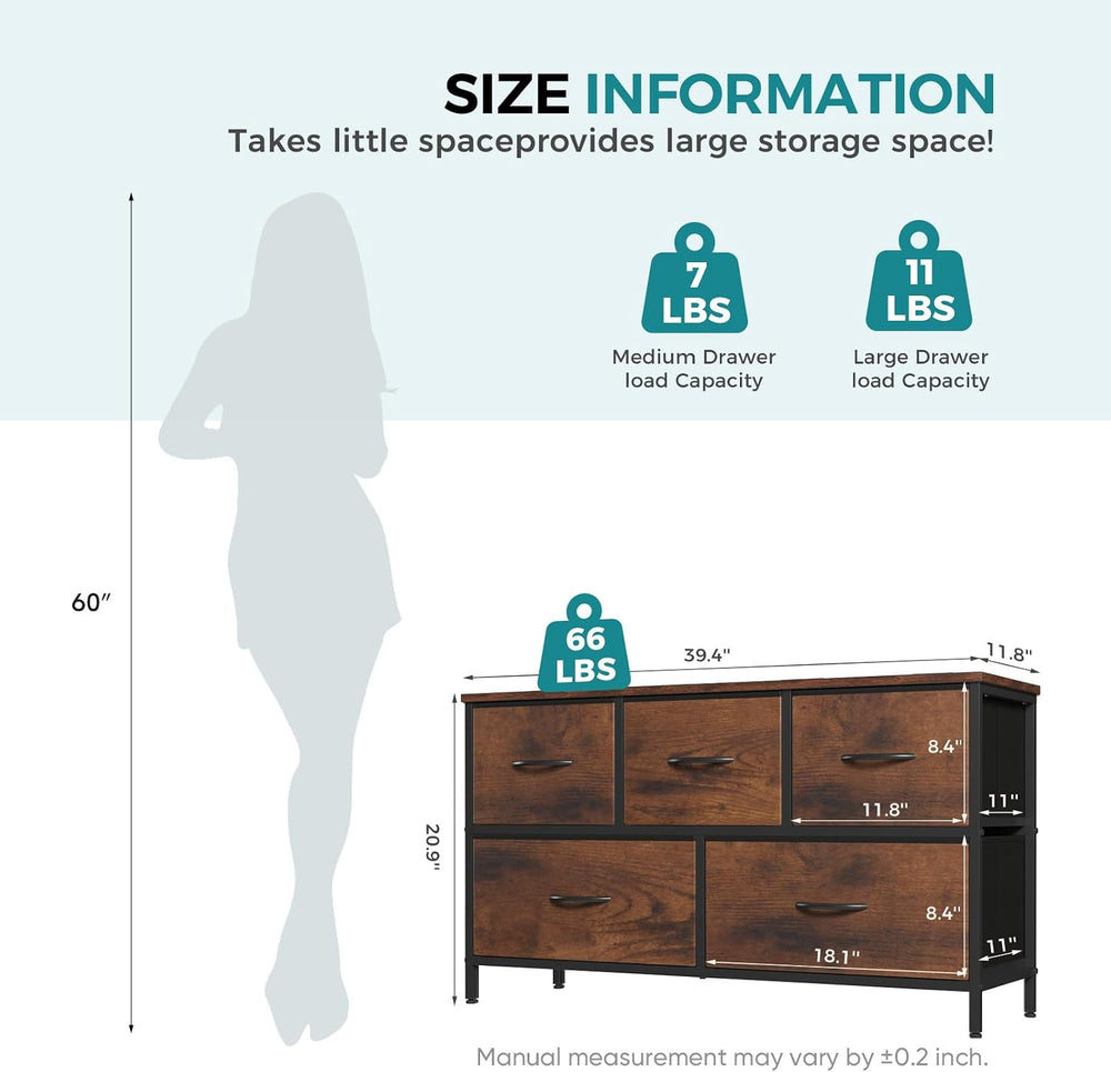 OLIXIS 5 Drawer Dresser for Bedroom, Wide Fabric Storage Tower, Brown